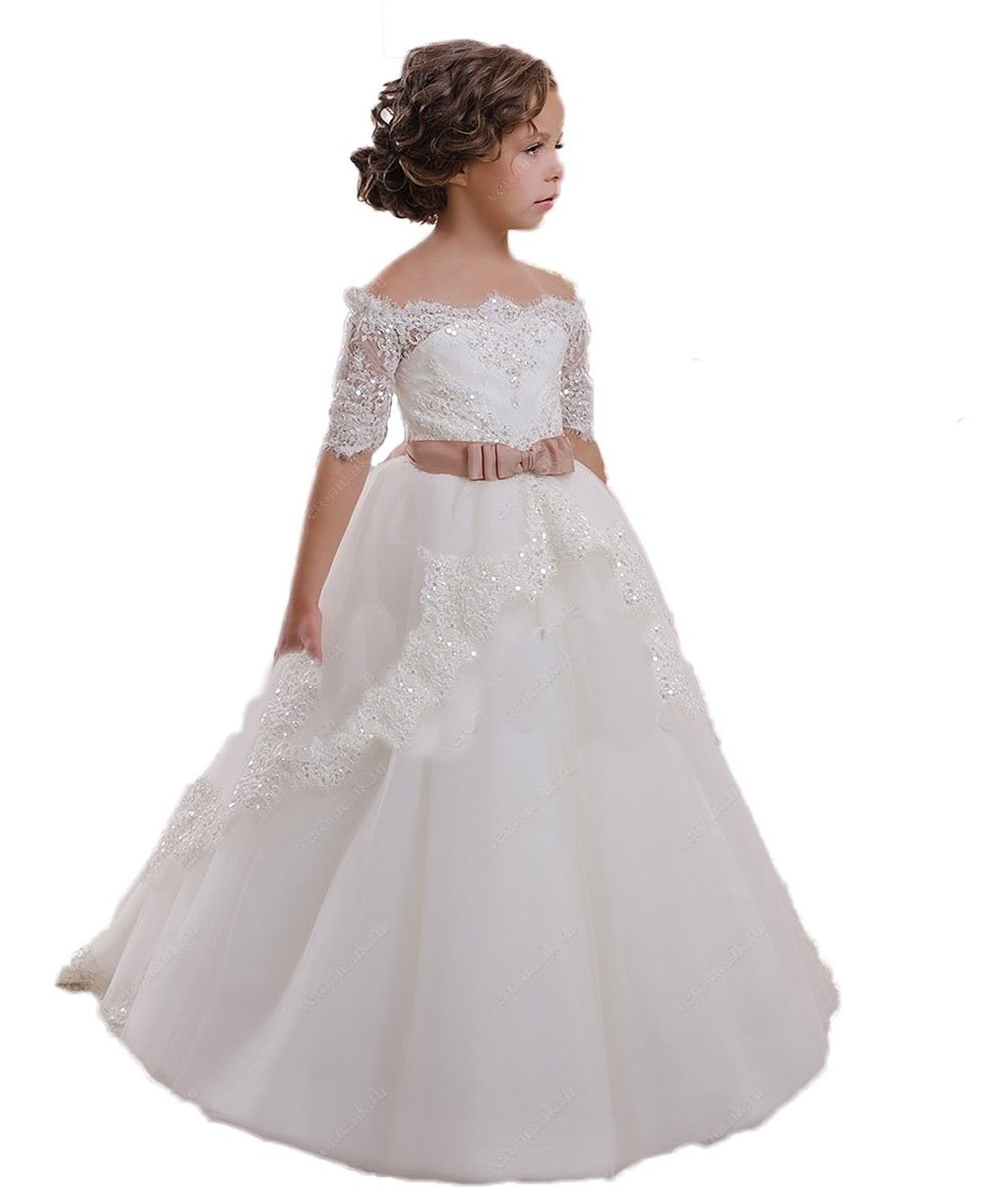 White Ivory Flower Girl Dresses Off Shoulder Lace Appliqued With Sash Girl Pageant Party Dresses First Communion Gowns
