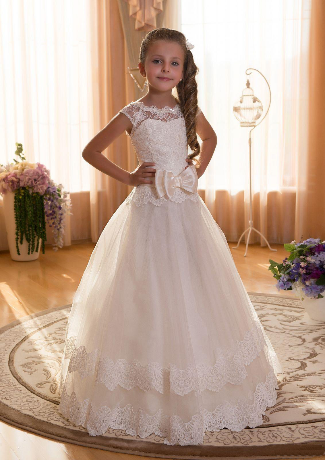 2016 Girl's First Communion Dresses Scoop Backless With Appliques And Bowtulle Ball Gown Pageant Dresses For Little Girls