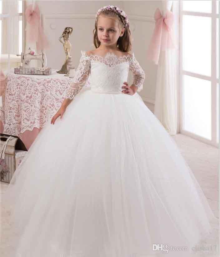 White / Ivory Ball Gown Flower Girls Dresses For Weddings Party With Long Sleeves Lace Tulle Little Kids Holy First Communion Dress
