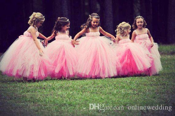 Pink Flower Girl Dresses With Spaghetti Tulle Ball Gown Ribbon Bow Birthday Dresses Floor Length Pleats Ruched Tiered Pageant Gowns
