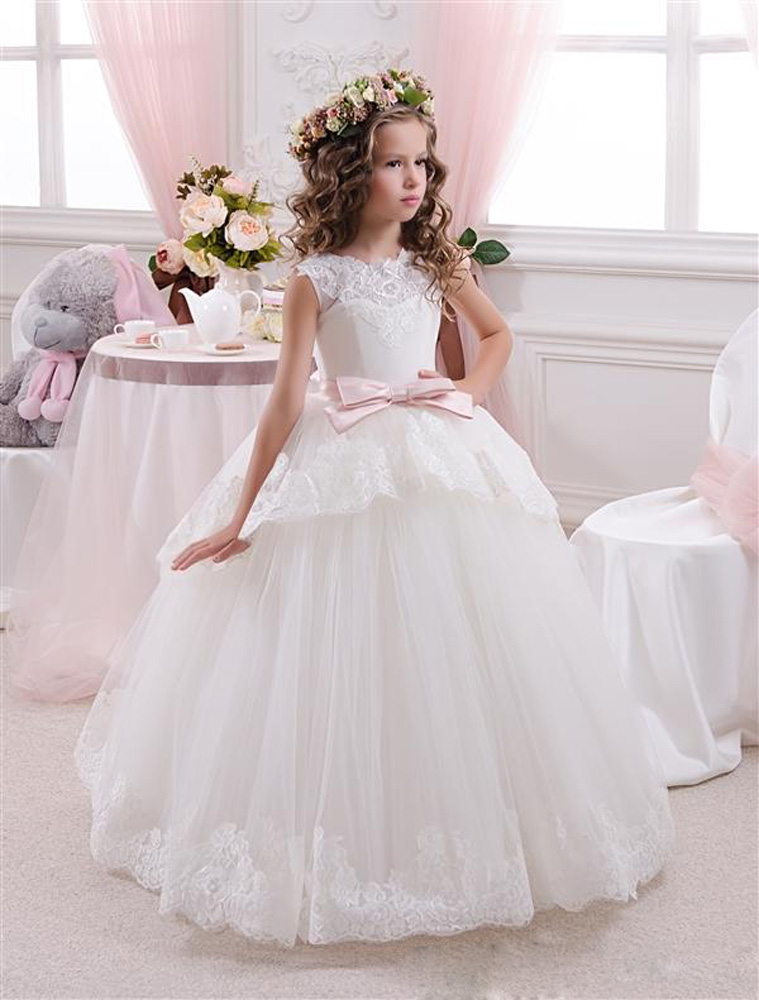 Elegant Lace Ball Gown Little Bridal Flower Girl's Dresses For Wedding Party Princess Ruffle Bow Floor Length Tulle Pageant Dresses