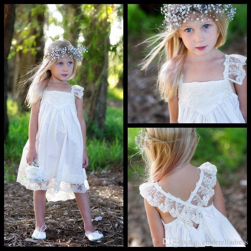 Lovely Boho Flower Girl Dresses For Weddings With Lace Criss Cross Back Tea Length Kids Pageant First Communion Gowns Custom Made