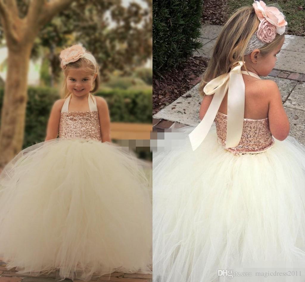 Cute Ivory Flower Girl Dresses 2015 Bling Rose Gold Sequin Halter Tutu Floor Length Ball Gown Custom Made Little Girls Pageant Dresses