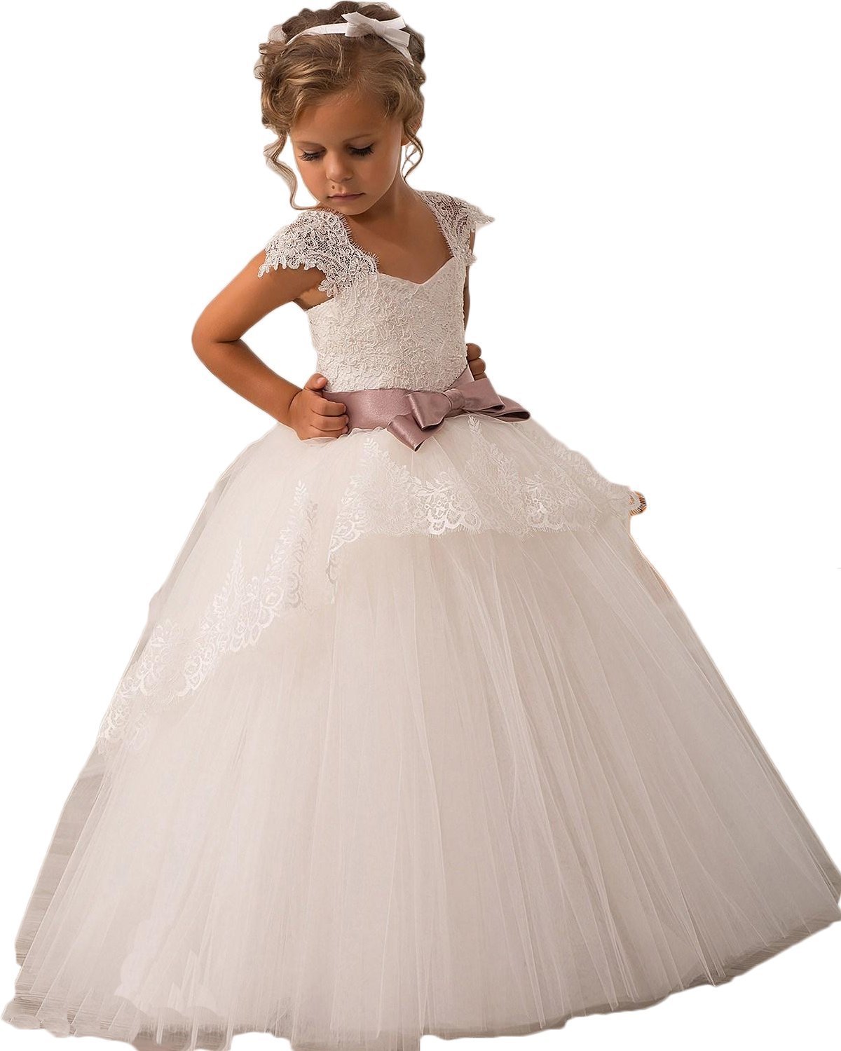 Off Shoulder Lace Sash Ball Gown Net Baby Girl Birthday Party Christmas Princess Dresses